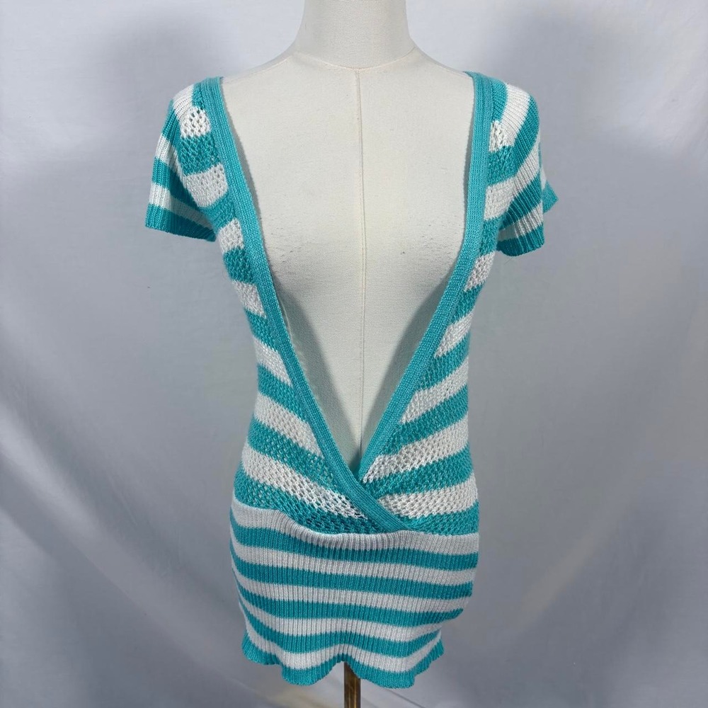 Wet Seal blue white striped knit short sleeve sweater top size small y2k